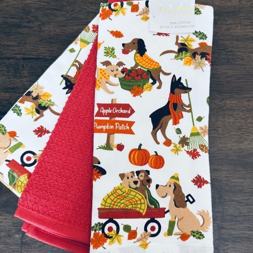 Isaac Mizrahi 3-pc Fall Autumn Dog Print Kitchen Dish Towels